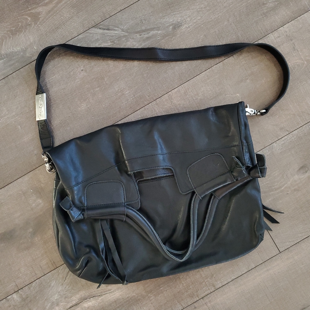 Foley + Corrina Mid City Black Leather Foldover Tote Bag Crossbody